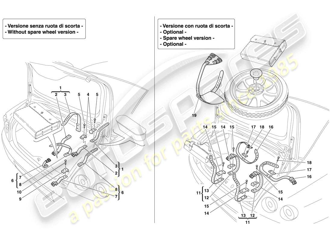 ferrari 612 scaglietti (rhd) sujetadores de rueda de repuesto y bolsa de herramientas diagrama de piezas