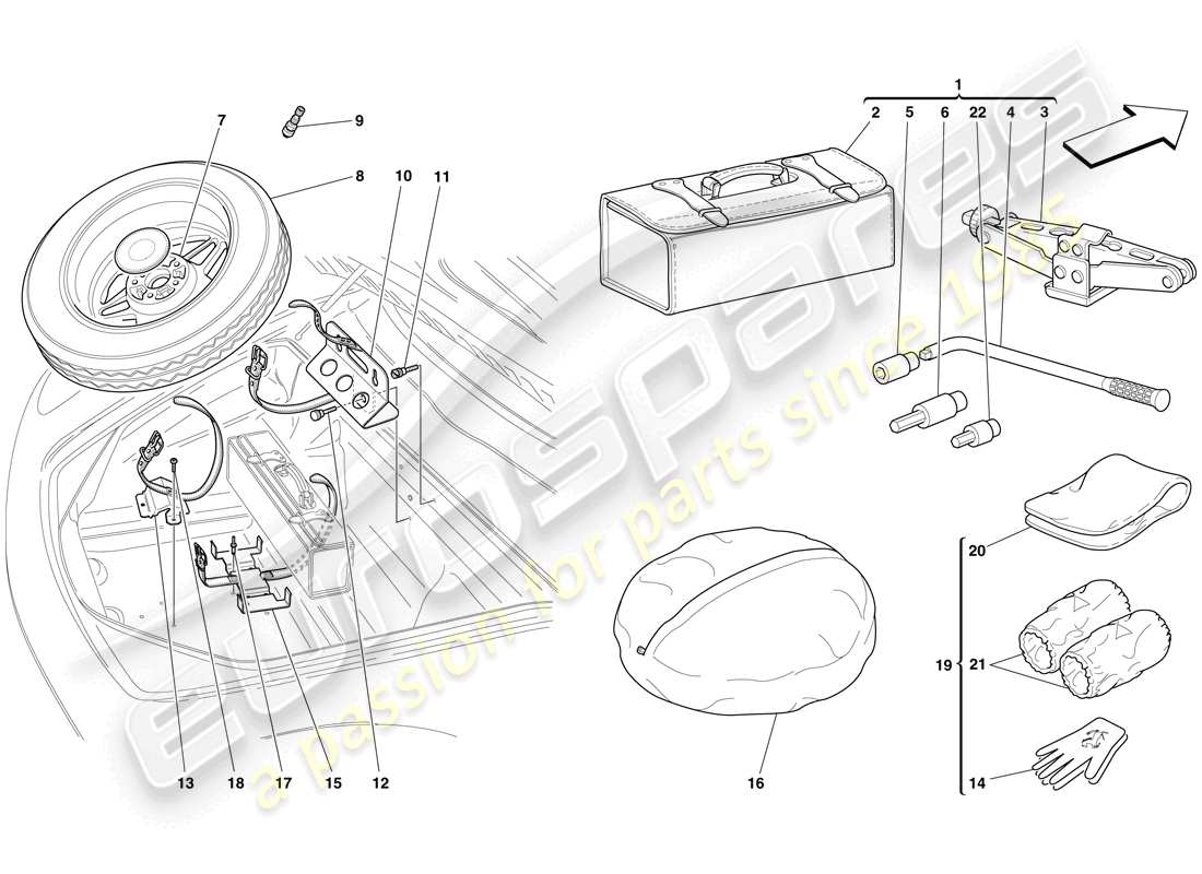 ferrari f430 scuderia (usa) rueda de repuesto y herramientas diagrama de piezas