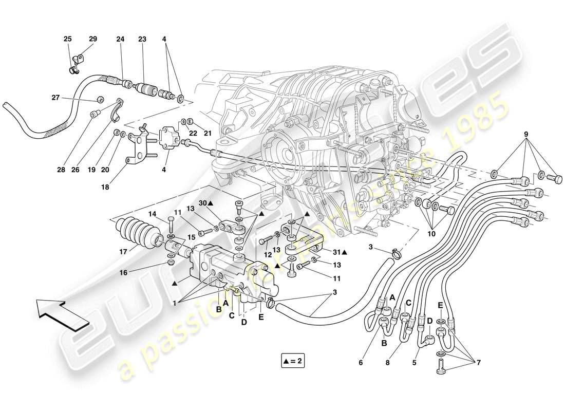 ferrari 599 gto (usa) f1 control hidráulico del embrague diagrama de piezas