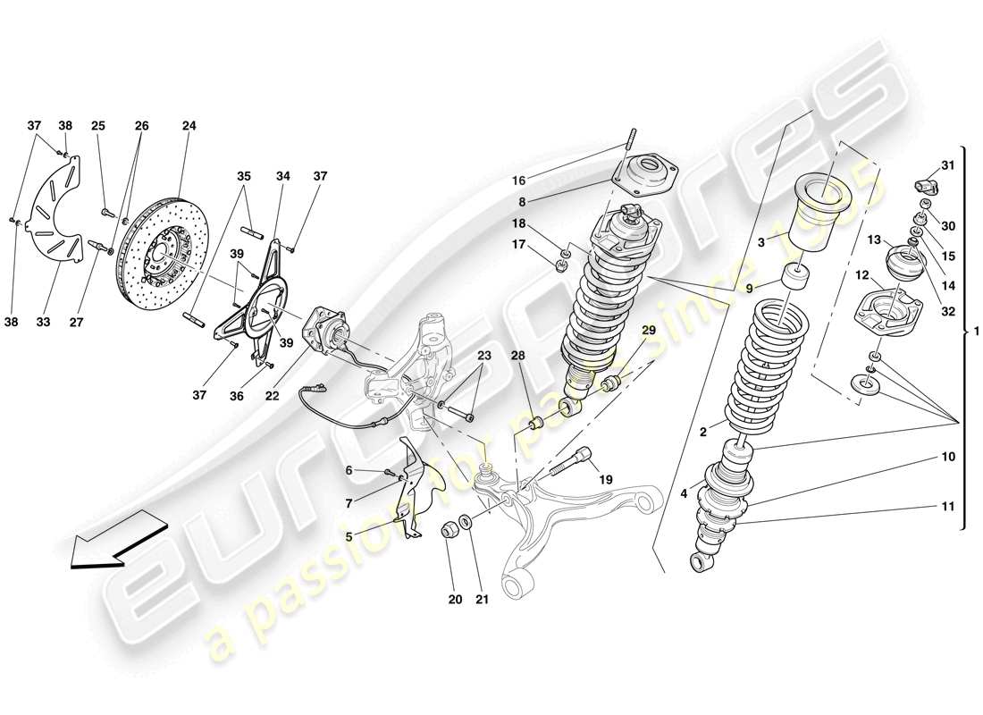 ferrari 599 gto (usa) suspensión delantera - amortiguador y disco de freno diagrama de piezas
