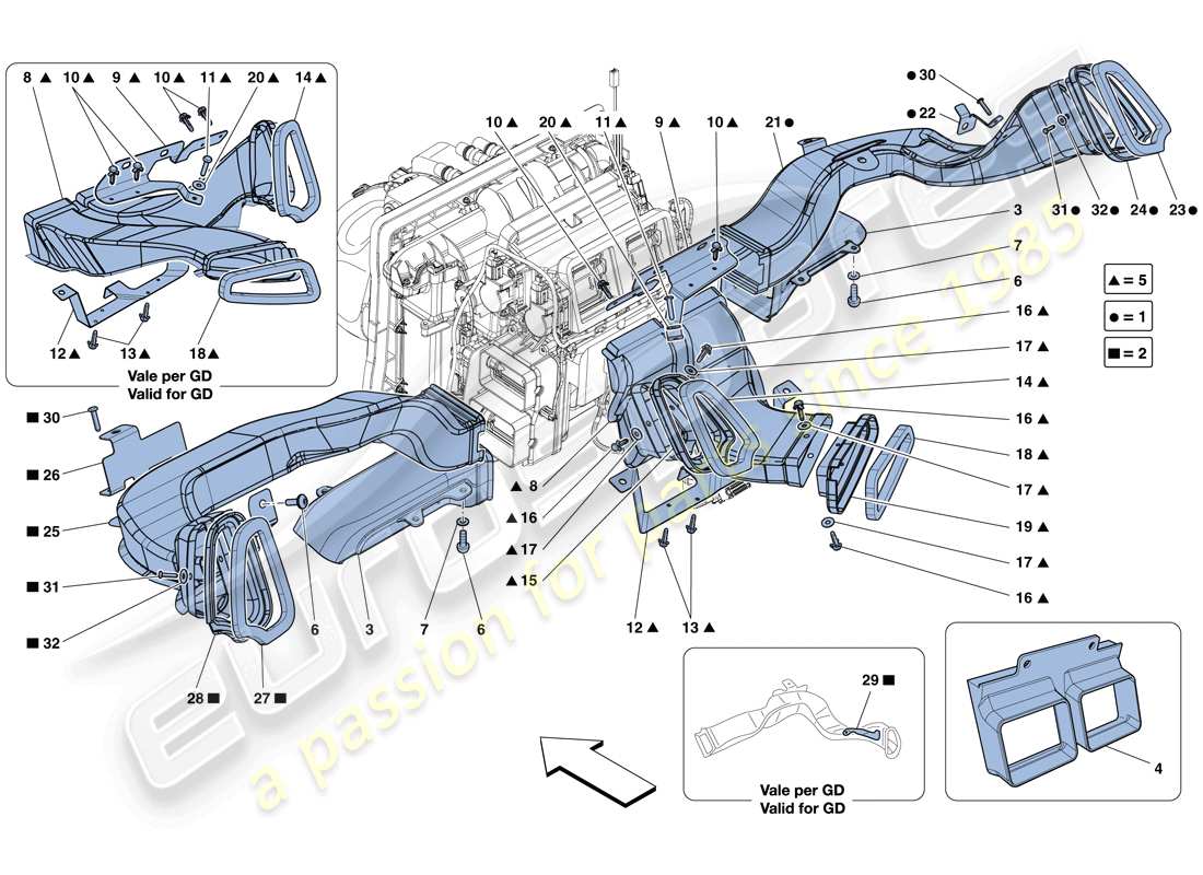 ferrari 458 spider (rhd) conductos de aire del tablero diagrama de piezas