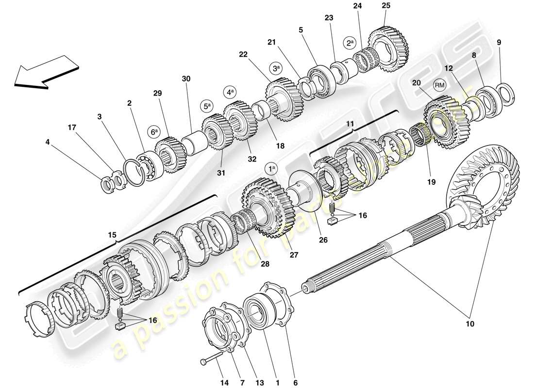 ferrari 612 scaglietti (rhd) engranajes del eje de la caja de engranajes secundario diagrama de piezas
