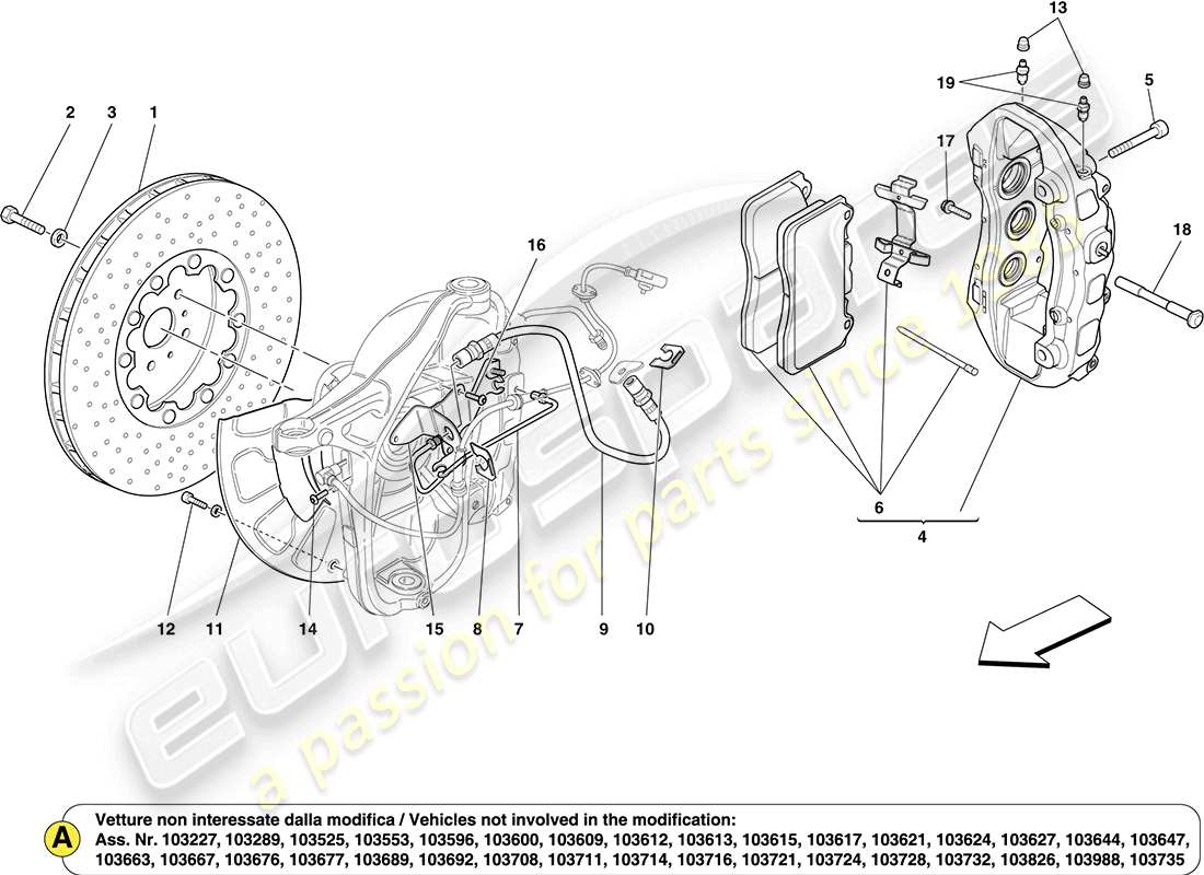 ferrari california (usa) componentes del sistema de freno de la rueda delantera diagrama de piezas