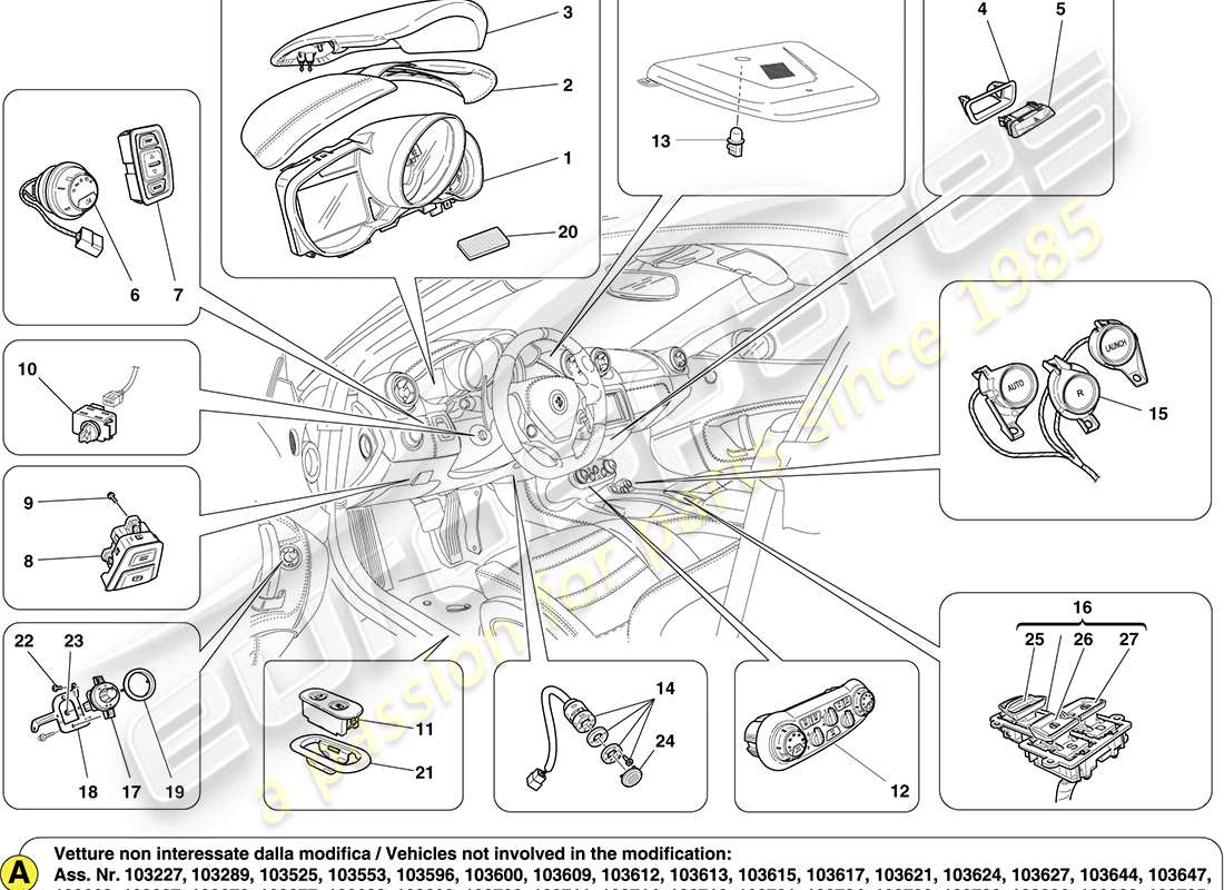 ferrari california (rhd) servicios del habitáculo interno esquema de piezas