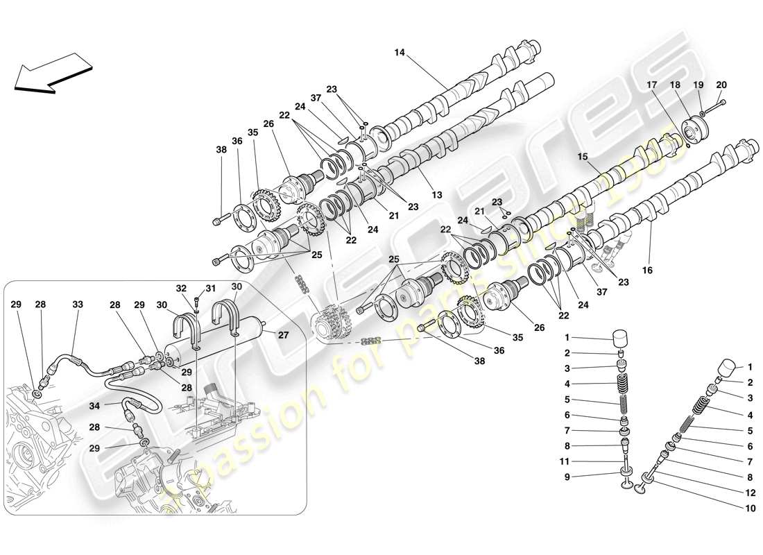 ferrari f430 scuderia (usa) sistema de distribución - taqués diagrama de piezas