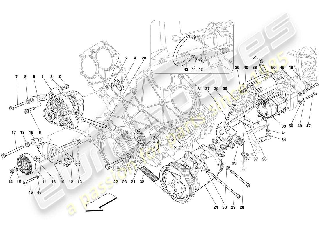 maserati mc12 diagrama de piezas del alternador, motor de arranque y compresor del a/c