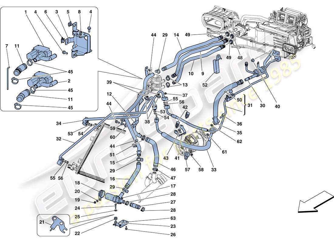 ferrari ff (rhd) sistema de ca - agua y freón diagrama de piezas