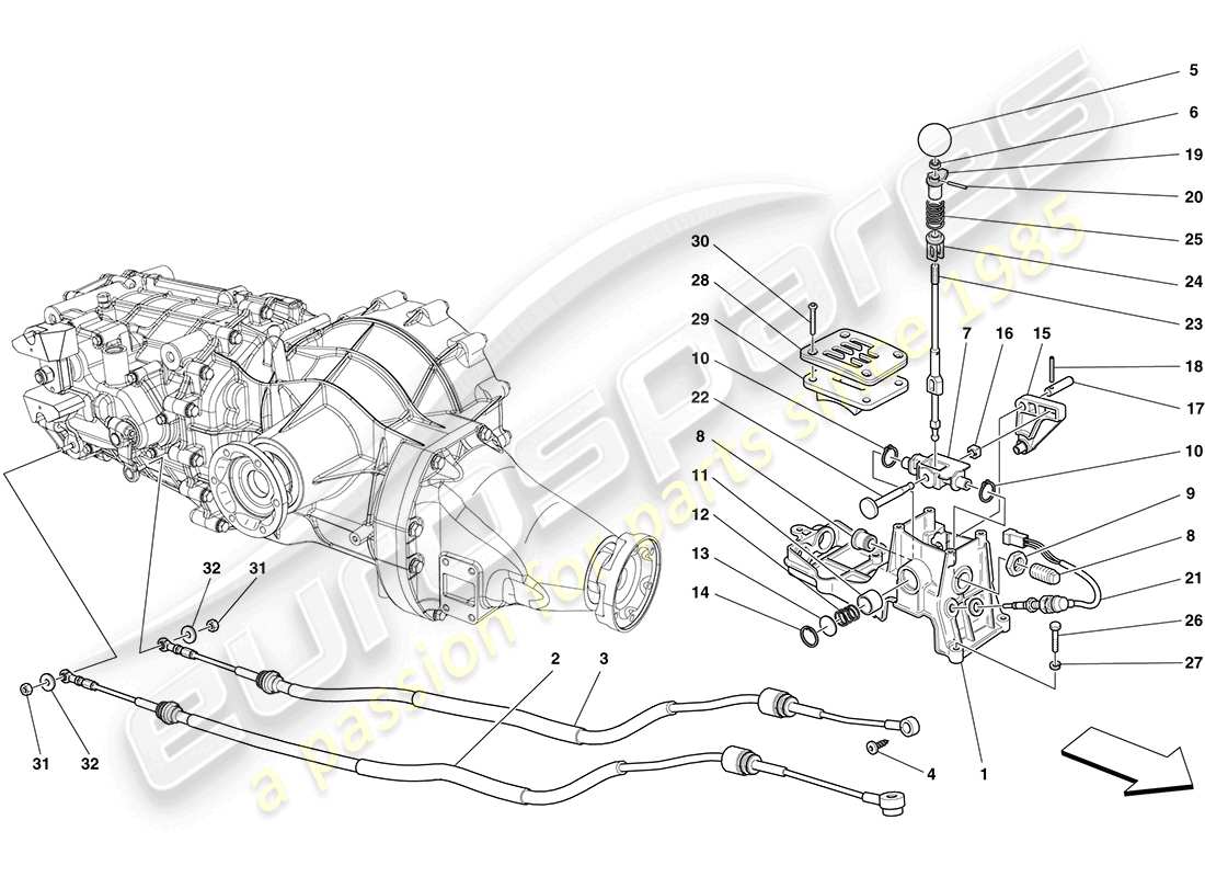 ferrari california (rhd) controles externos de la caja de cambios diagrama de piezas