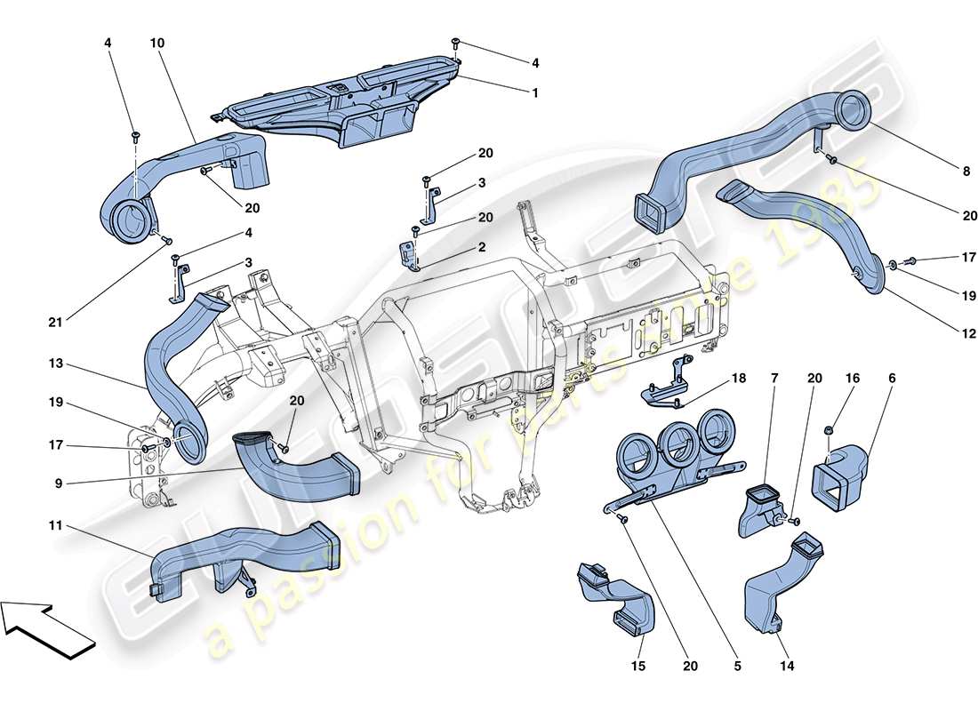 ferrari ff (rhd) conductos de aire del tablero diagrama de piezas