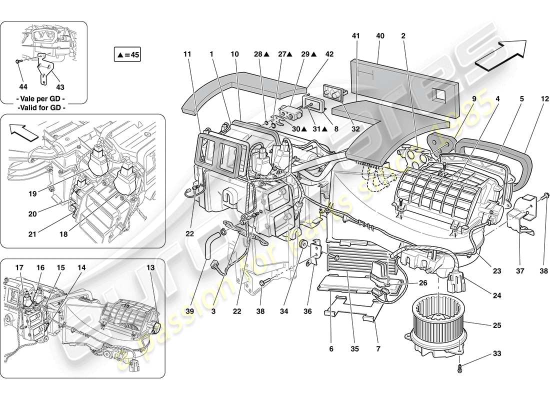 ferrari california (usa) unidad de aire acondicionado: componentes del tablero diagrama de piezas