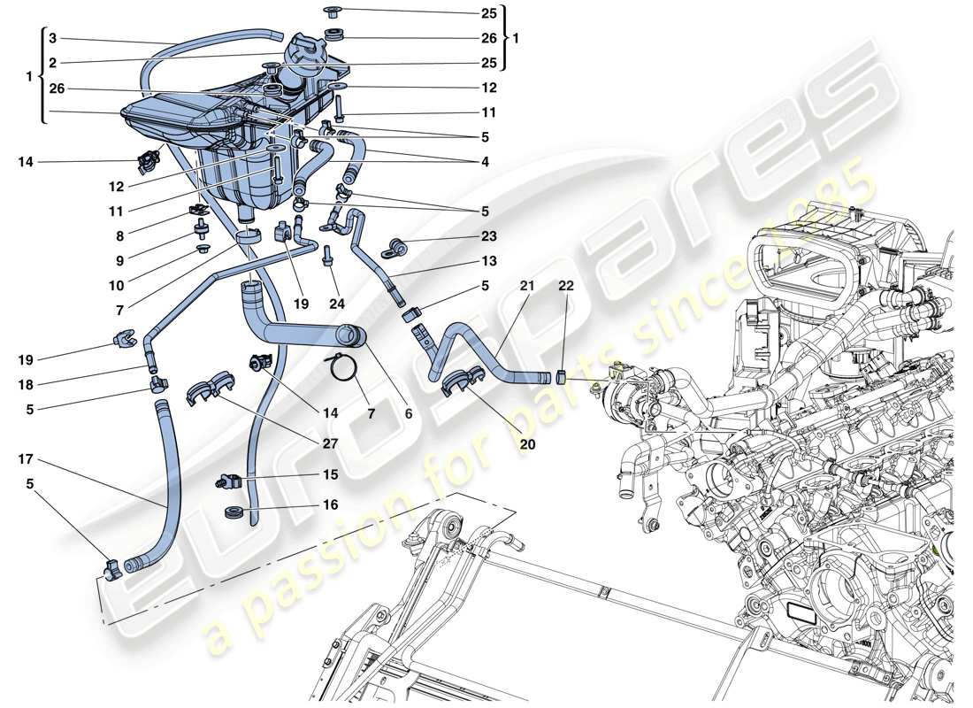 ferrari california t (rhd) enfriamiento: tanque colector y tuberías diagrama de piezas