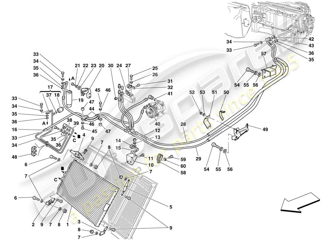 ferrari 612 scaglietti (usa) sistema de ca - tuberías de freón diagrama de piezas