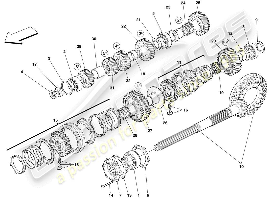 ferrari 599 gtb fiorano (europe) engranajes del eje de la caja de engranajes secundario diagrama de piezas
