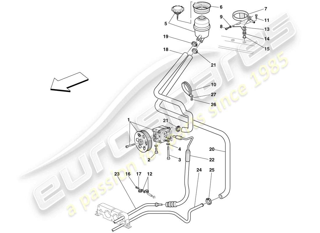ferrari f430 scuderia (rhd) diagrama de piezas de la bomba de dirección asistida y depósito