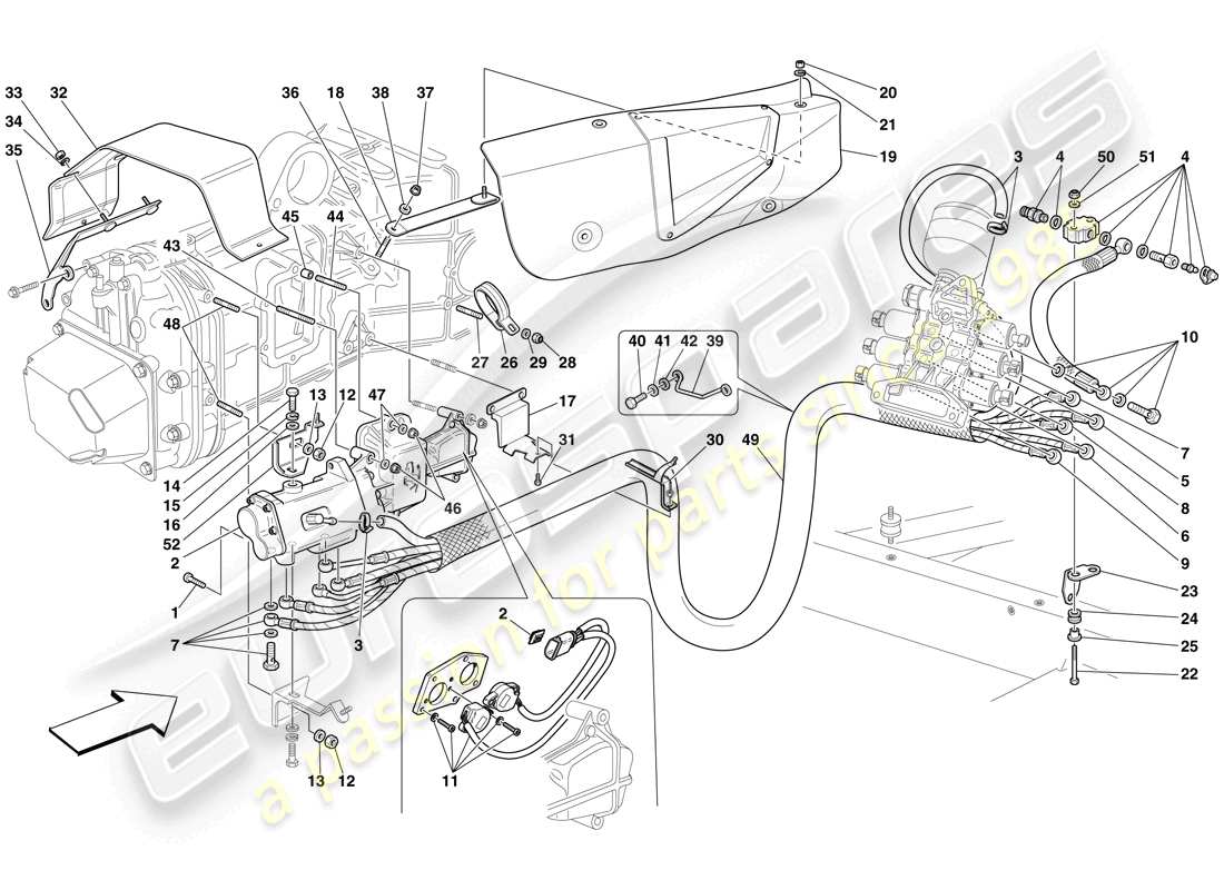 ferrari f430 scuderia (rhd) control hidráulico de caja de cambios y embrague f1 diagrama de piezas