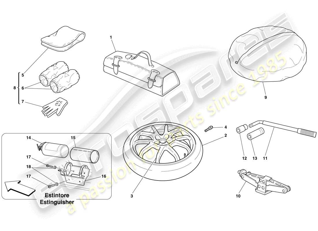 ferrari 612 scaglietti (usa) rueda de repuesto y accesorios diagrama de piezas