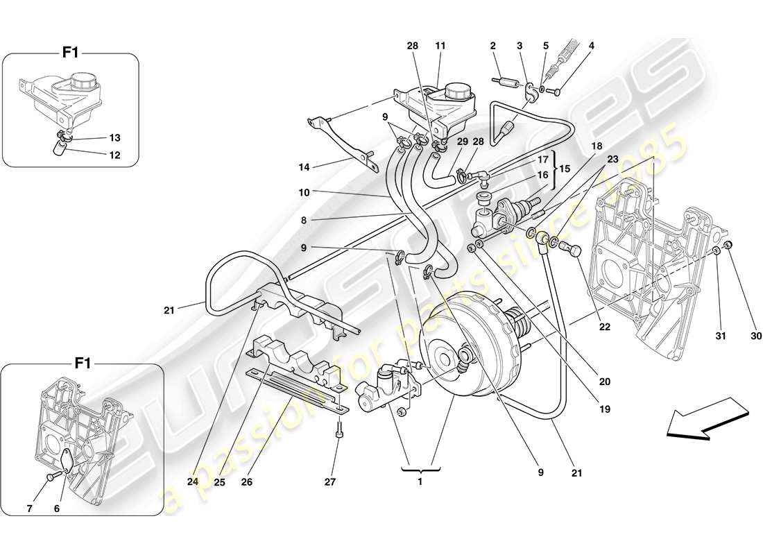 ferrari f430 coupe (europe) controles de freno y embrague hidráulicos diagrama de piezas