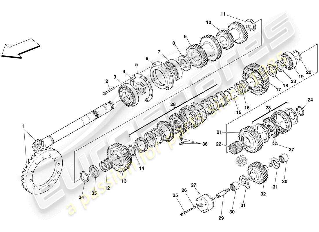 ferrari f430 scuderia (rhd) diagrama de piezas de engranajes del eje secundario