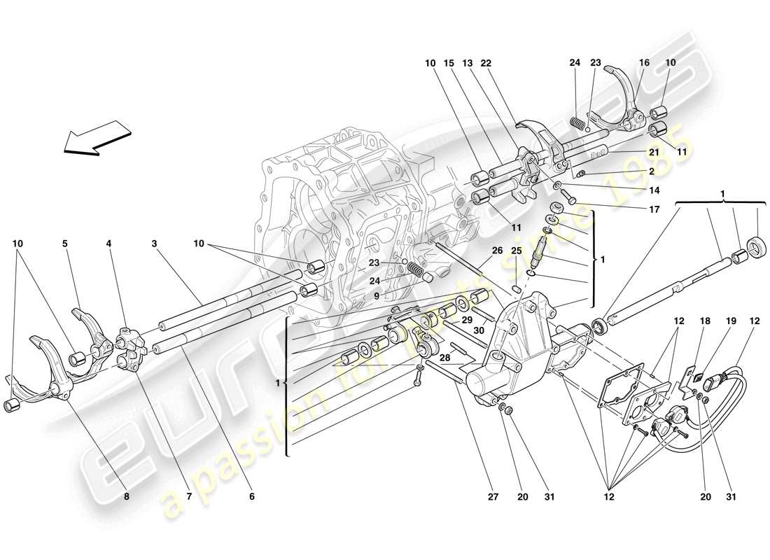 ferrari 599 gto (europe) controles internos de la caja de cambios diagrama de piezas