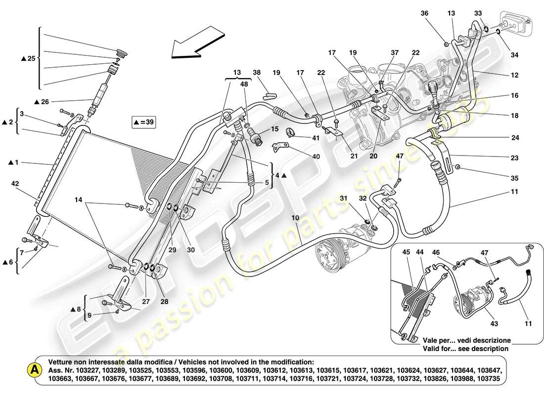 ferrari california (usa) unidad de aire acondicionado: componentes en el compartimiento del motor diagrama de piezas