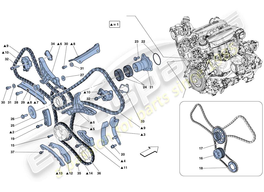 ferrari 488 gtb (rhd) sistema de distribución - diagrama de piezas de transmisión