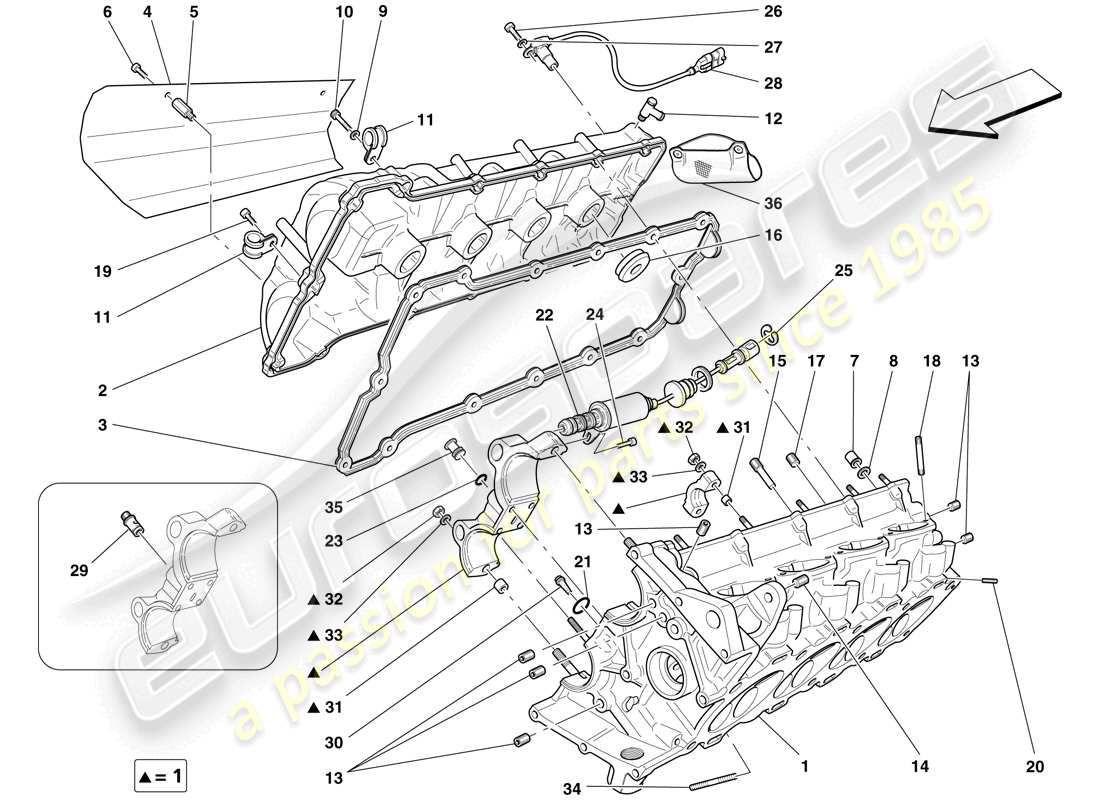 ferrari f430 scuderia (rhd) diagrama de piezas de la culata del lado derecho