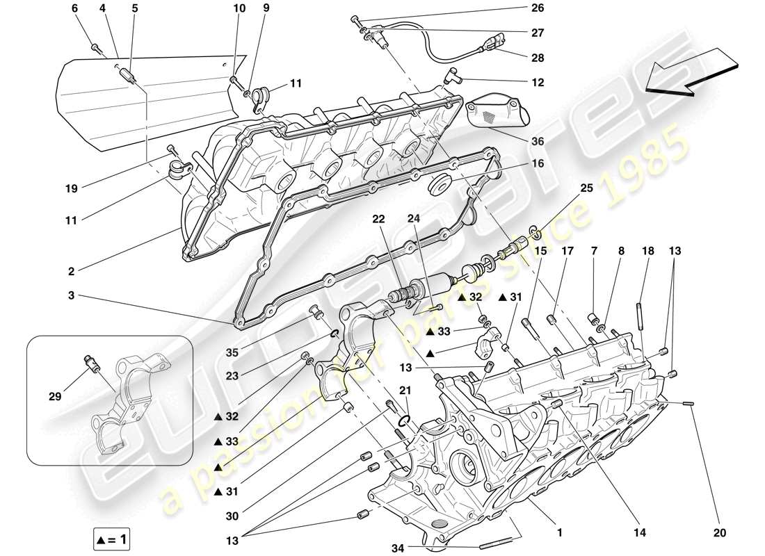 ferrari f430 scuderia (rhd) culata del lado derecho diagrama de piezas