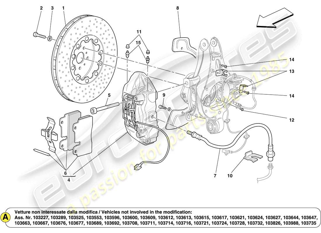 ferrari california (rhd) componentes del sistema de freno de la rueda trasera diagrama de piezas