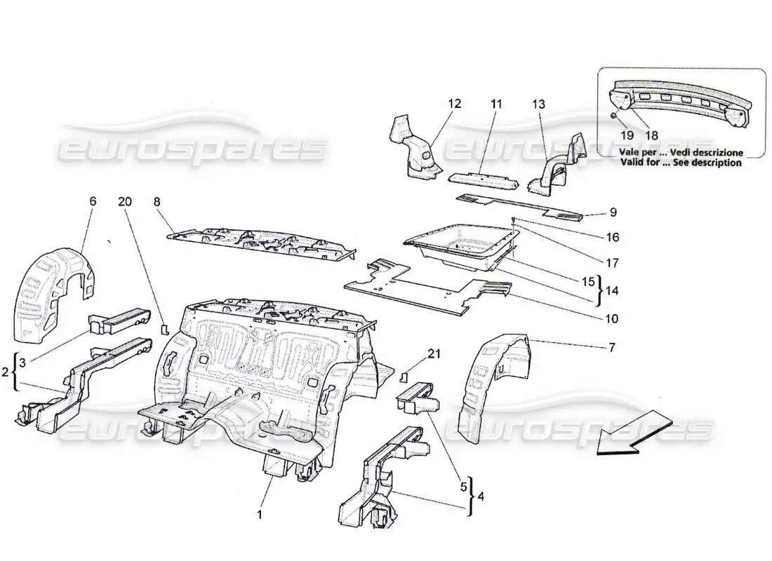 maserati qtp. (2010) 4.7 marcos estructurales traseros y paneles de chapa diagrama de piezas