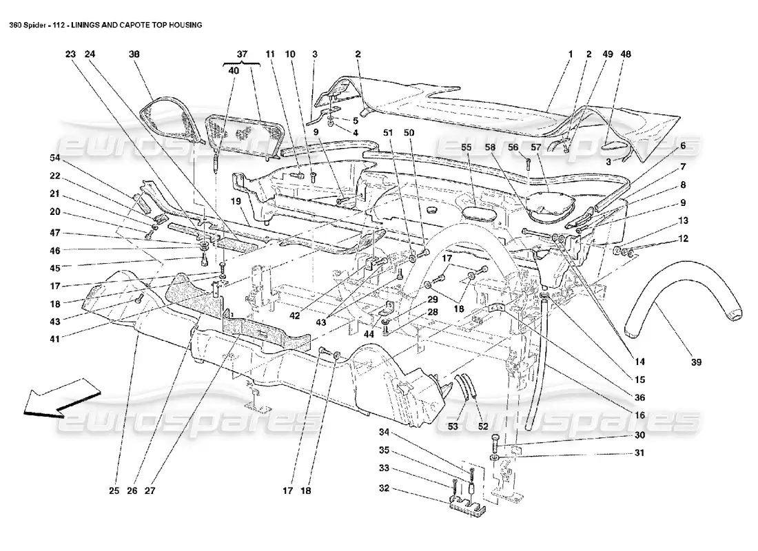ferrari 360 spider forros y carcasa superior de capote. diagrama de piezas