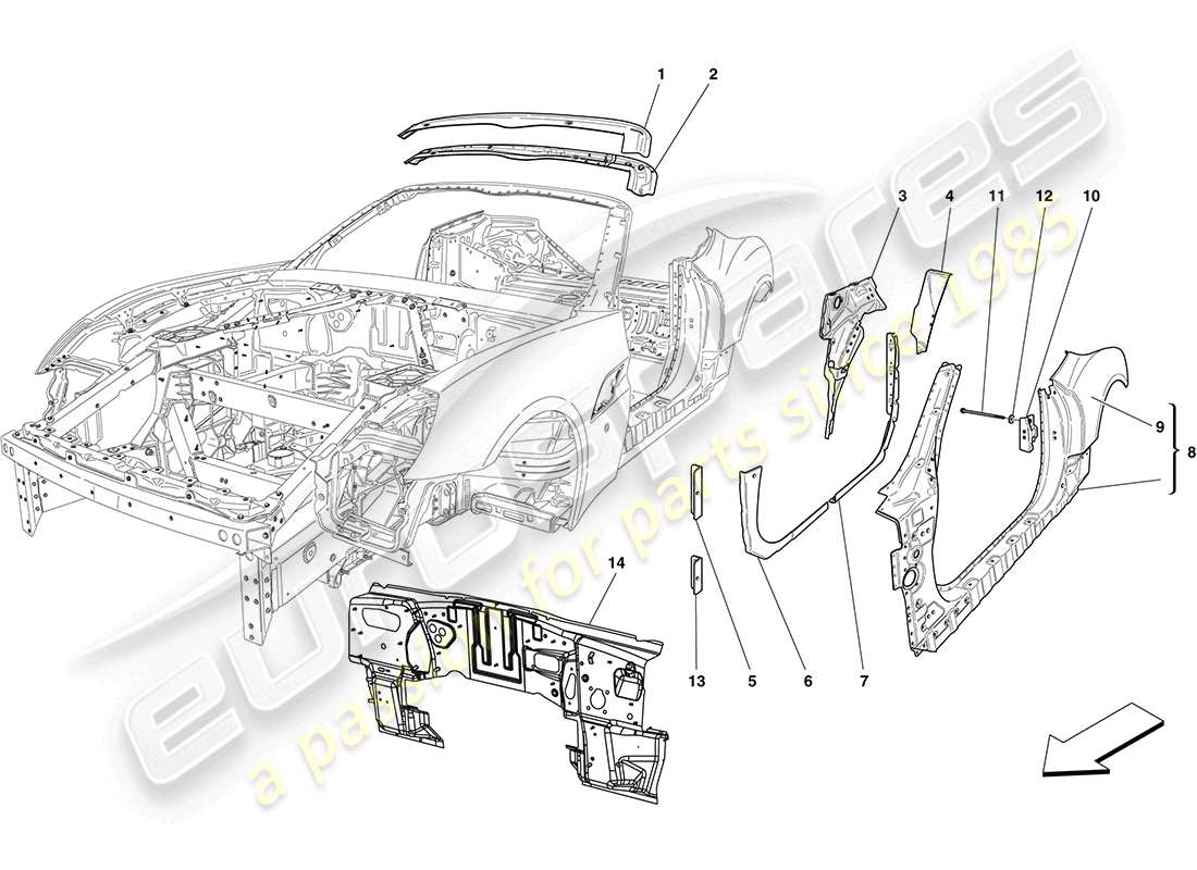 ferrari california (rhd) carrocería central y acabado externo diagrama de piezas