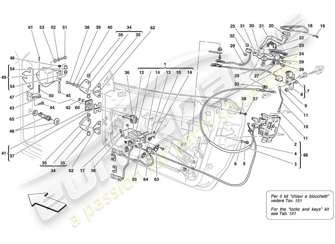 ferrari f430 spider (usa) puertas - mecanismo de apertura y bisagras diagrama de piezas