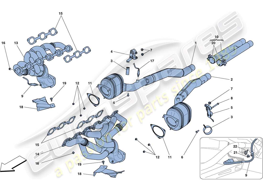 ferrari ff (rhd) diagrama de piezas de convertidores precatalíticos y convertidores catalíticos