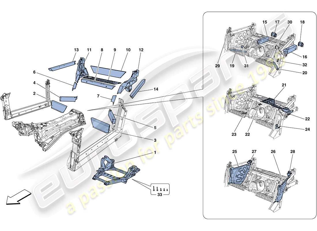 ferrari ff (rhd) estructuras y elementos trasero del vehículo esquema de piezas