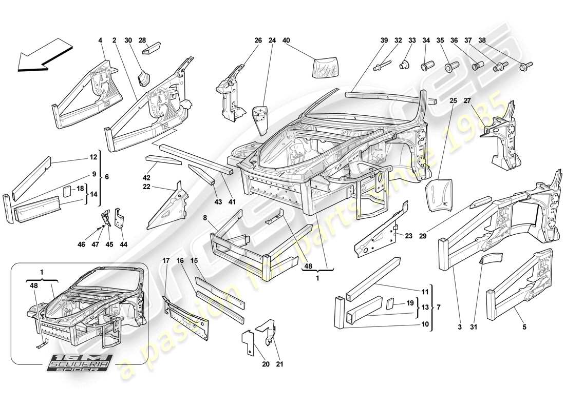 ferrari f430 scuderia (europe) chasis - estructura, elementos frontales y paneles esquema de piezas