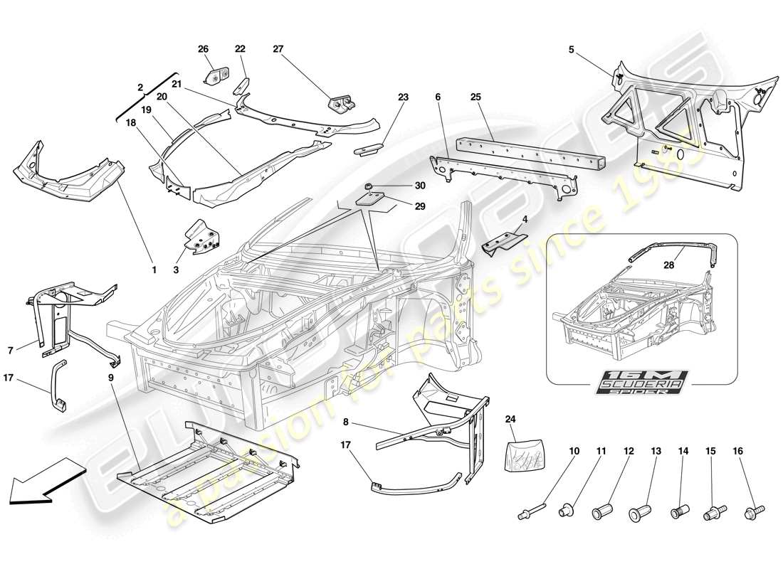 ferrari f430 scuderia (rhd) chasis - estructura frontal completa y paneles diagrama de piezas