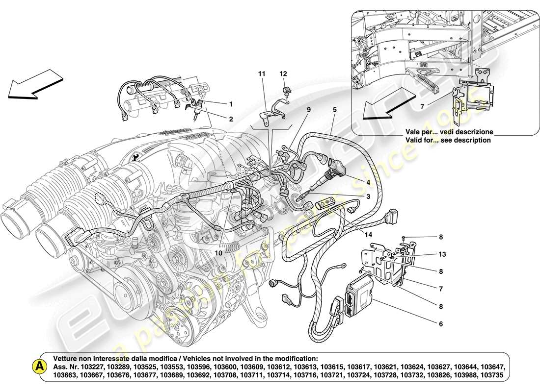 ferrari california (rhd) sistema de inyección del mano izquierdo - diagrama de piezas de encendido