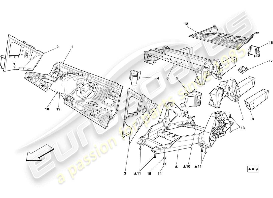 ferrari california (rhd) estructuras traseras y secciones de caja del chasis esquema de piezas