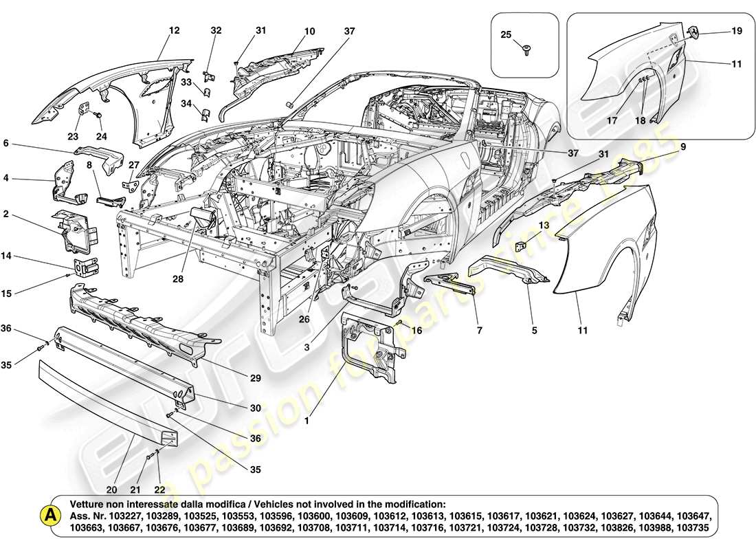 ferrari california (rhd) carrocería delantera y acabado externo diagrama de piezas