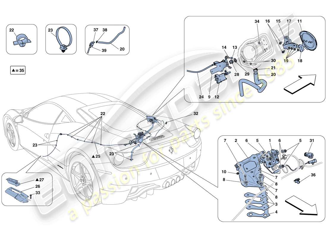 ferrari 458 italia (rhd) mecanismos de apertura de la tapa del compartimiento del motor y de la tapa de llenado de combustible diagrama de piezas