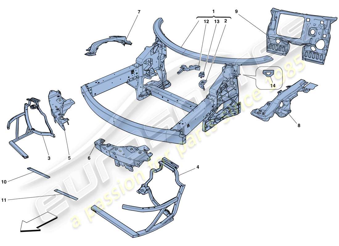 ferrari 458 spider (europe) chasis - estructura delantera completa y paneles diagrama de piezas