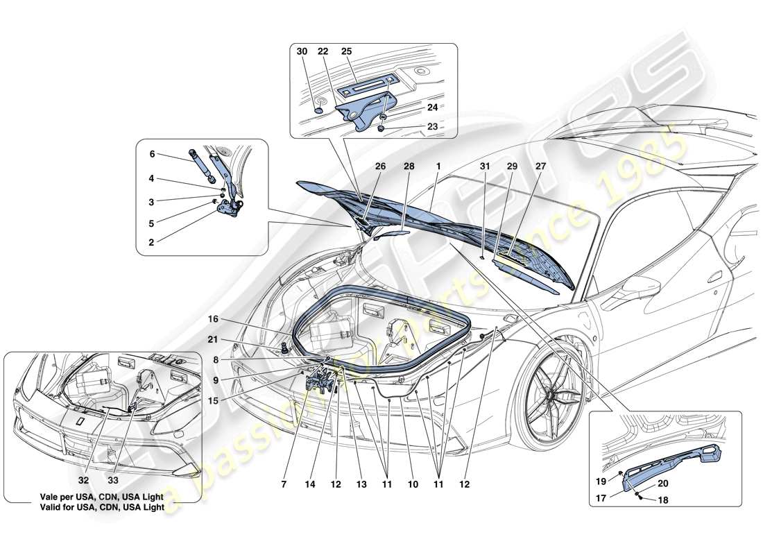 ferrari 488 gtb (rhd) tapa frontal y mecanismo de apertura diagrama de piezas