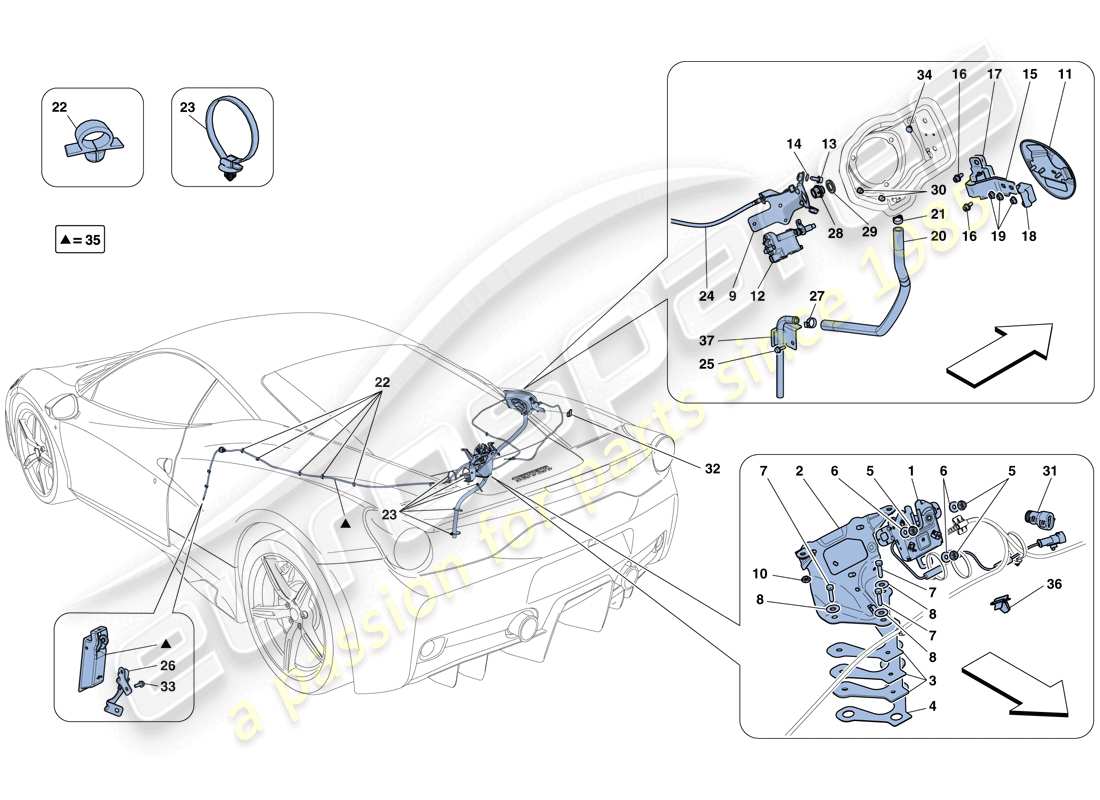 ferrari 458 speciale (usa) mecanismos de apertura de la tapa del compartimiento del motor y de la tapa de llenado de combustible diagrama de piezas