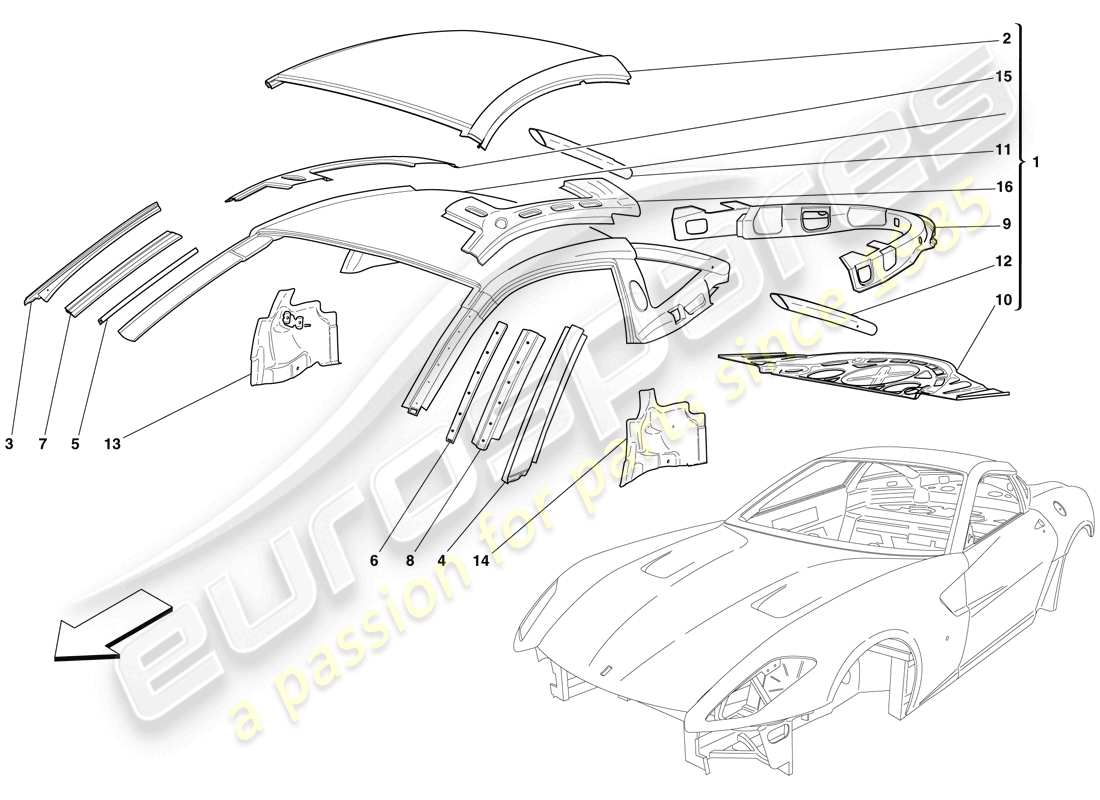 ferrari 599 gtb fiorano (europe) carrocería - diagrama de piezas del techo