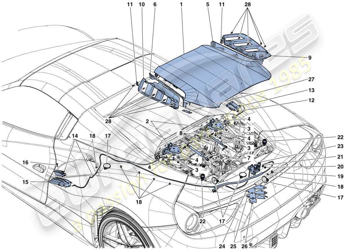 ferrari 488 spider (usa) tapa del compartimiento del motor y mecanismo de liberación diagrama de piezas