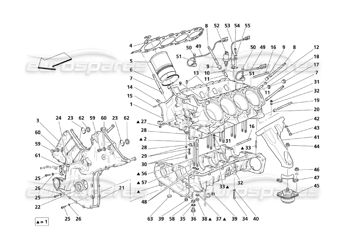 maserati qtp. (2003) 4.2 crankcase diagrama de piezas