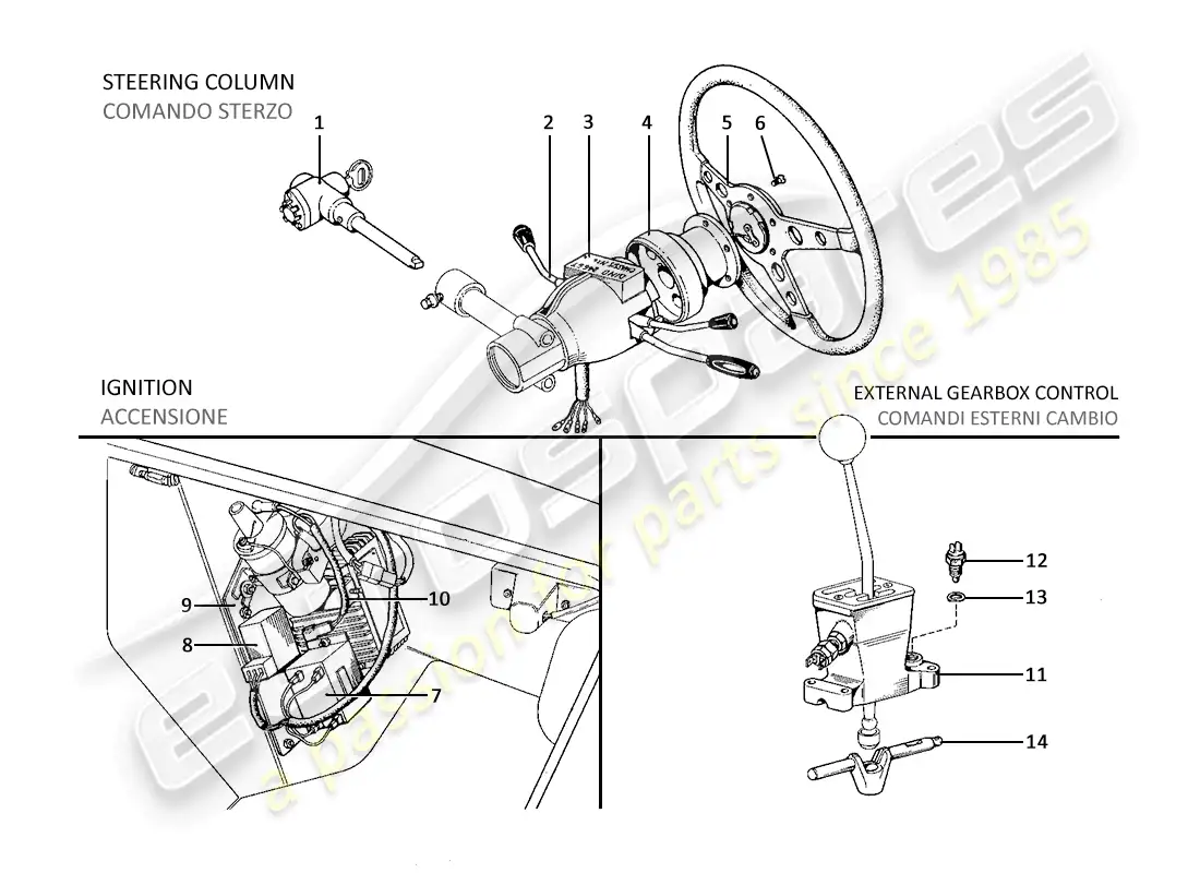 ferrari 246 dino (1975) controles exteriores de control de dirección, encendido del motor y caja de cambios (variantes para versiones de ee. uu.) diagrama de piezas