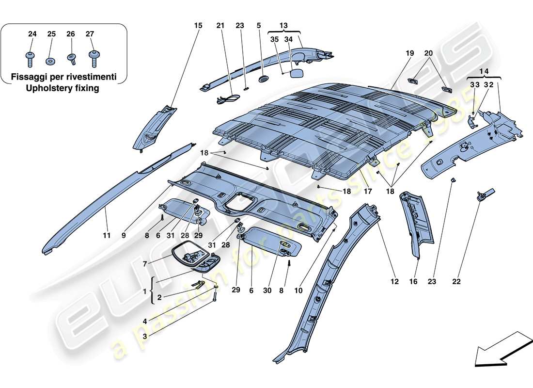 ferrari ff (rhd) accesorios y acabados del techo diagrama de piezas