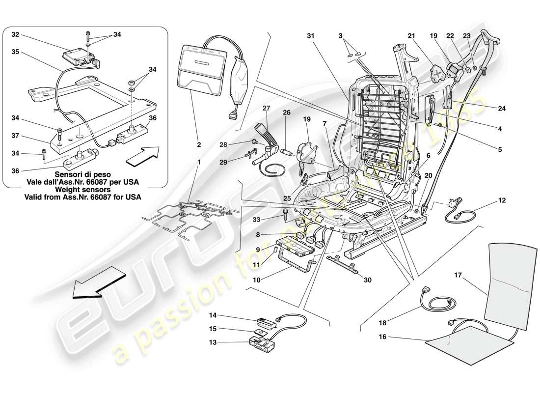 ferrari 612 sessanta (europe) asiento delantero eléctrico - cinturones de seguridad y dispositivos esquema de piezas