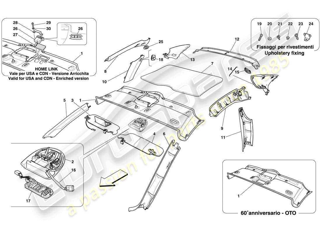 ferrari 612 sessanta (europe) molduras del techo y accesorios diagrama de piezas